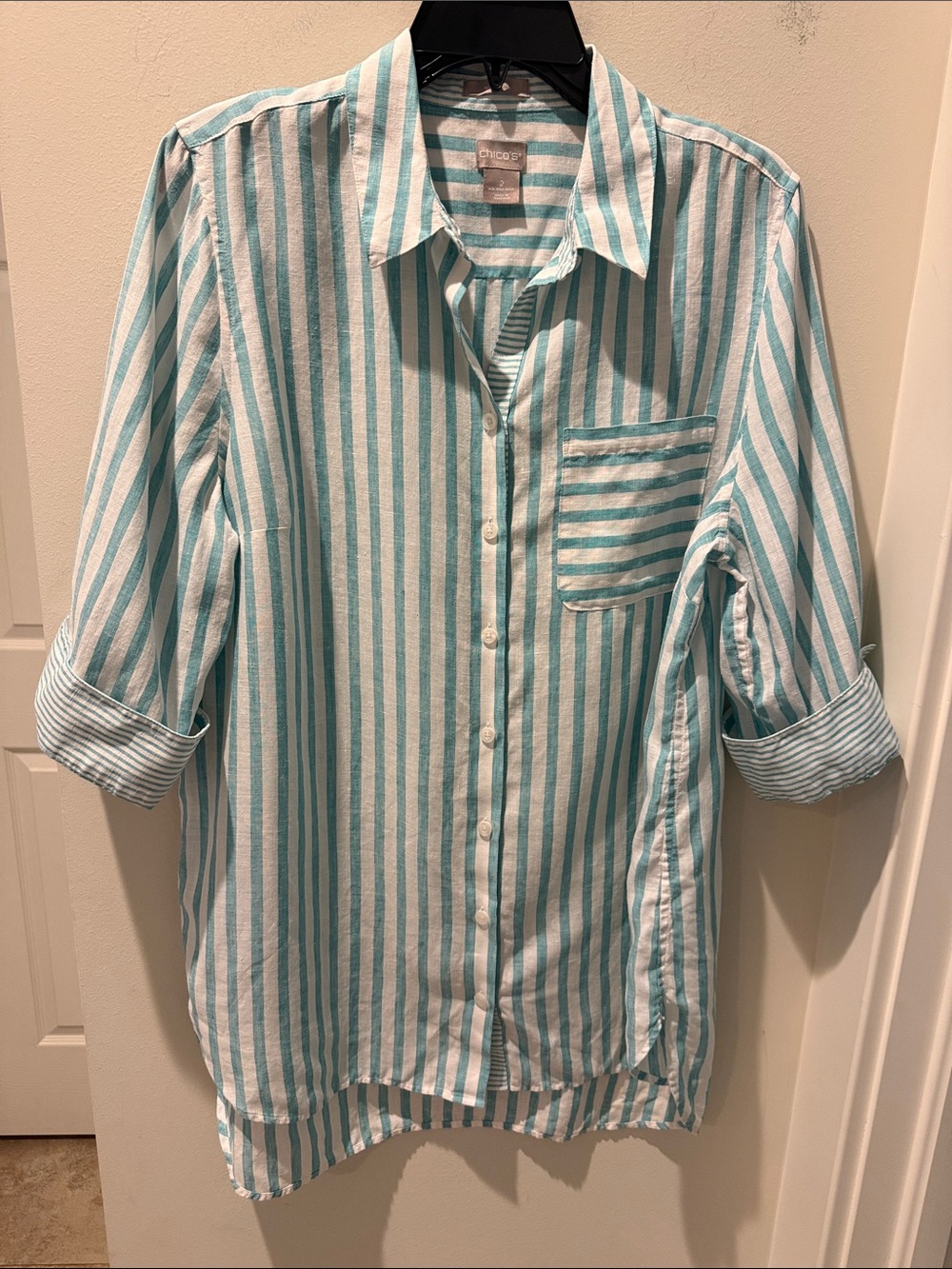 Chico's Aqua Green and White 100% linen Striped Button-Down Shirt size 2 12/14